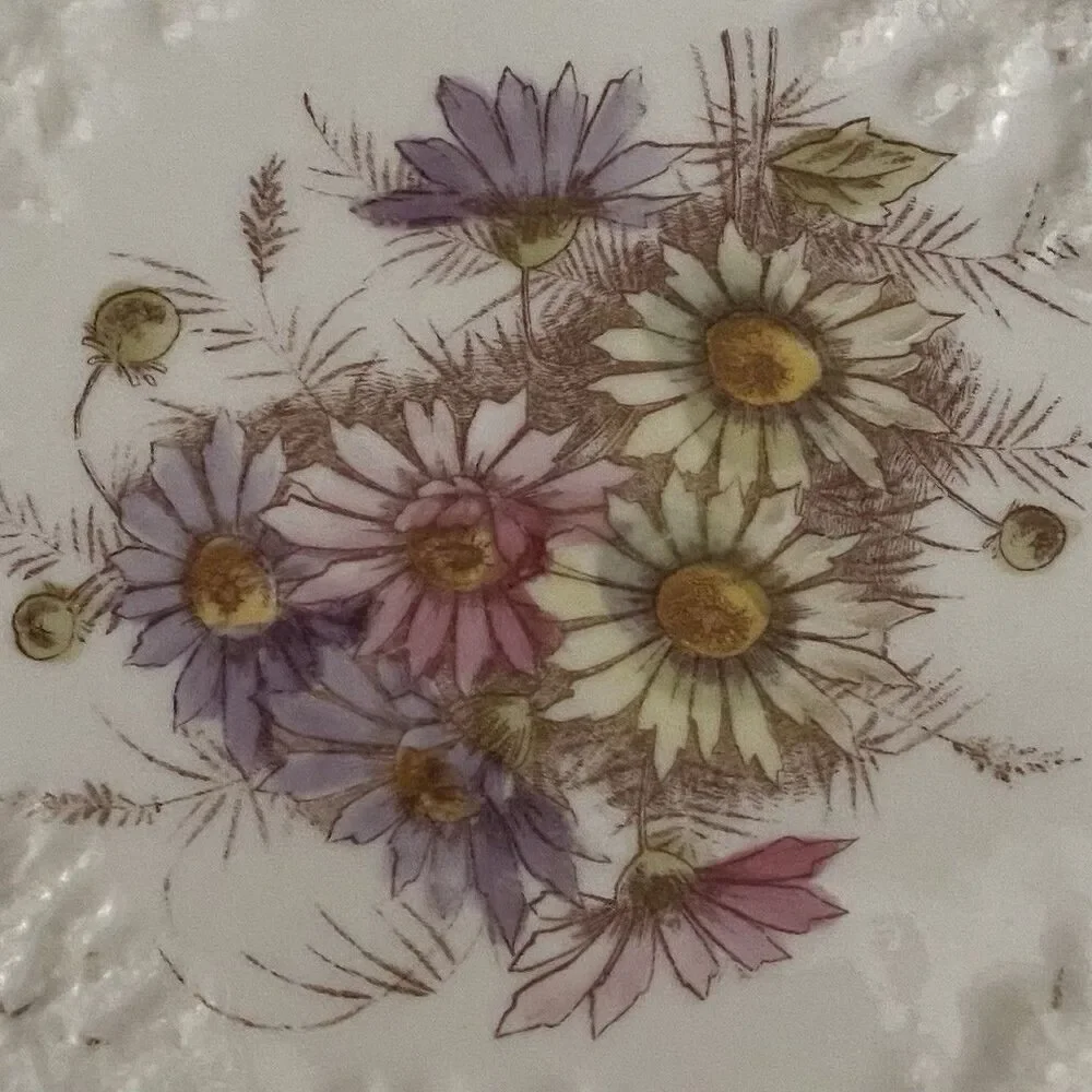 Bisque Scallop Coral Floral Limoges Round Tab Handle Platter/Tray Antique